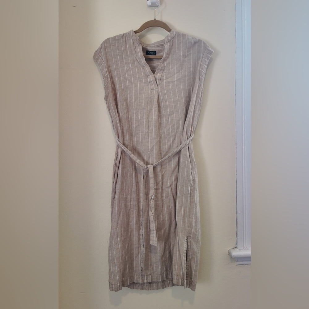 Jones New York Beige Khaki Sleeveless Striped Dress w/Tie Belt - Size 10